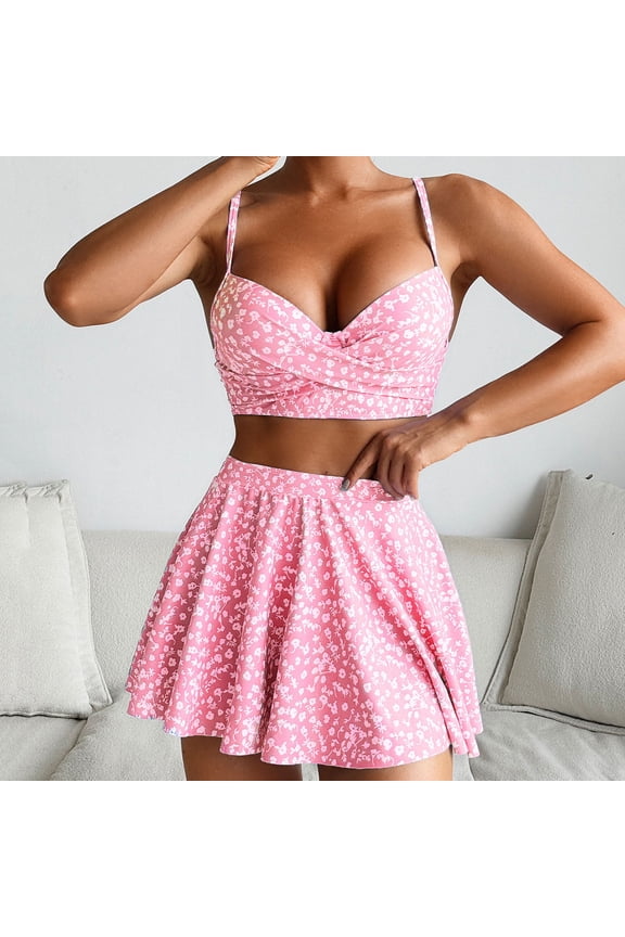 Women's 3-Piece Bikini Set with Hard Cup Underwire Padded Bra, Lavender Floral Print, Backless for Beach and Sports