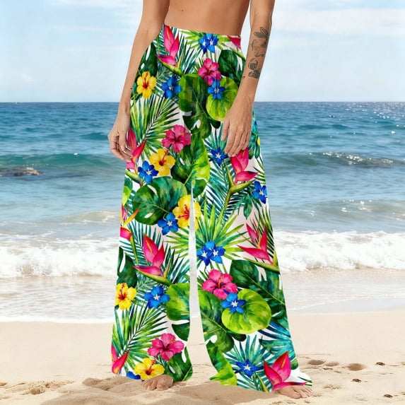 Warop Women's Bohemian Printed Chiffon Beach Cover-up Pants, Lightweight with Sun Protection, Wide Leg for Vacation, Travel and Daily Casual Wear