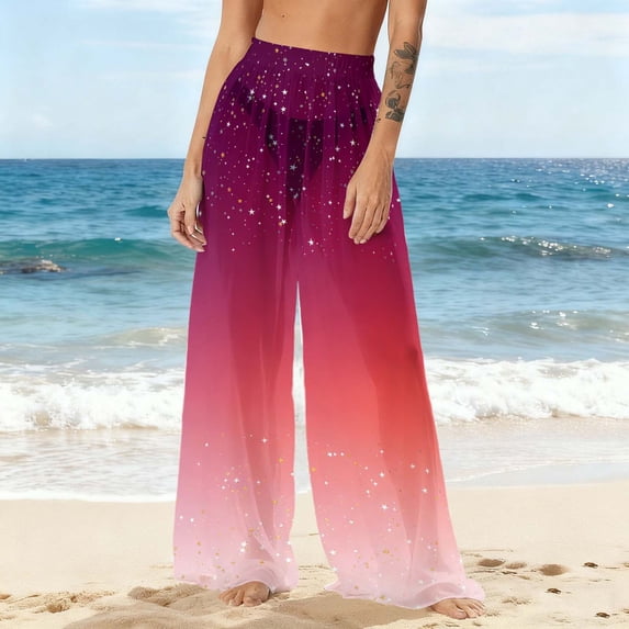 Warop Women's Boho Chiffon Beach Pants with Floral Print and Lightweight Coverage, Sun Protective Cover-Up Pants for Beach Vacation and Summer Wear