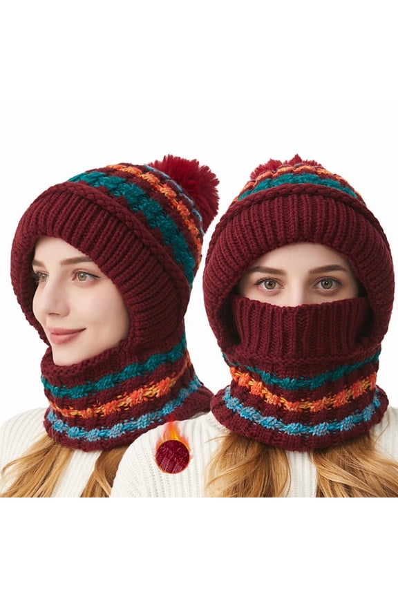 Women's Cable Knit Ear Flap Hat and Scarf Set, Color Block with Pom Pom, Warm Winter Accessories for Outdoor and Daily Use