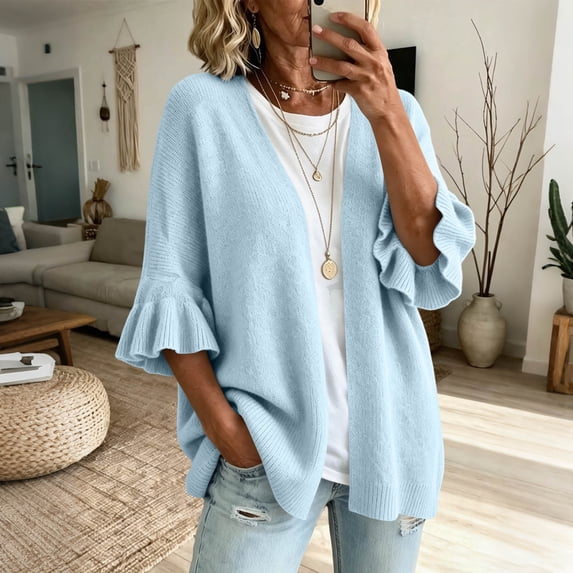 Warop Women's Cardigan Sweaters Ruffle 3/4 Sleeve Casual Openwork Knit Sweater Tops Oversized Fall Coat