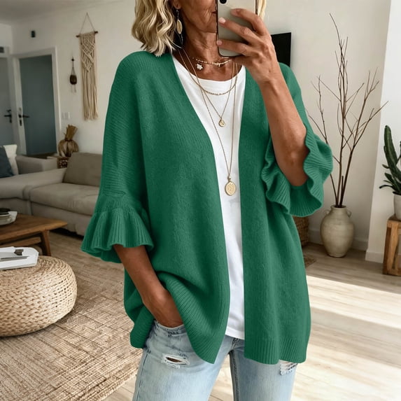 Warop Women's Cardigan Sweaters Ruffle 3/4 Sleeve Casual Openwork Knit Sweater Tops Oversized Fall Coat