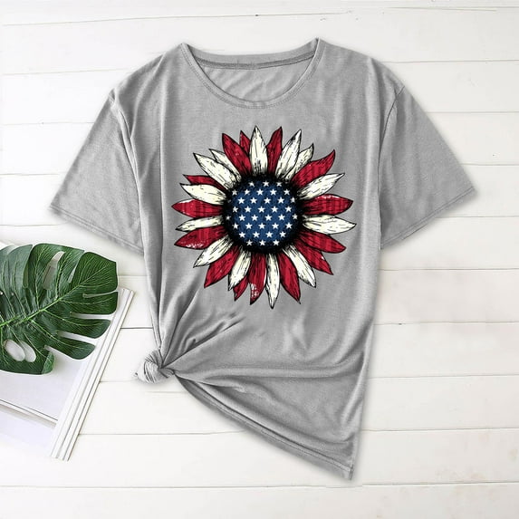 Warop Women's Casual T-Shirt with Independence Day Print, Round Neck, Lightweight and Comfortable for Daily Wear and Casual Activities