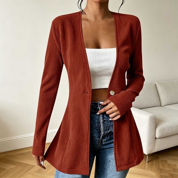 Warop Women's Corduroy Blazer Cardigan Button Front Long Sleeve Open Outwear for Spring Autumn and Office Wear