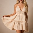 thumbnail image 1 of Warop Women's Deep V Neck Camisole Dress with Adjustable Ties, Ruffle Trim, Parallel Pleats, Backless Design, Elegant for Party and Evening Occasions, Daily Wear, 1 of 5