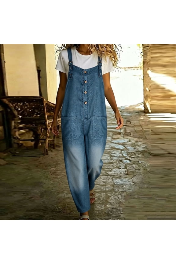 Women's Denim Print Jumpsuit, Sleeveless Adjustable Straps with Buttons and Pockets, Casual Overalls for Summer and Daily Wear