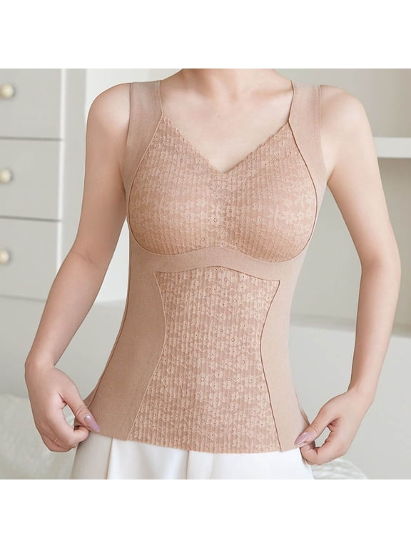 Women's Fall Winter Solid Warm Vest Seamless Thermal Underwear with Padded Bra, Fleece Lined Base Layer Top