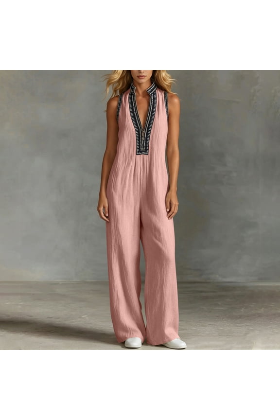 Women's Fashion Color-Block V-Neck Jumpsuit, Zippered Stand Collar Sleeveless Jumpsuit Pants, Lightweight and Breathable for Casual Outgoing and Daily Wear