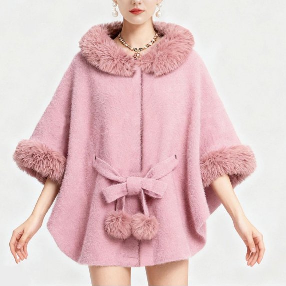 Warop Women's Faux Mink Fur Poncho Cardigan, Solid Color Plush Thickened Coat, Thermal Warm Loose for Casual Daily Wear