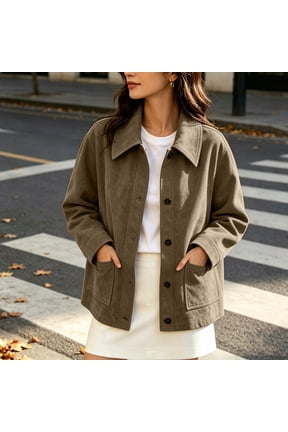 Women's Faux Suede Lightweight Cropped Jacket Button Down Lapel Collar Fall Shacket with Patch Pocket