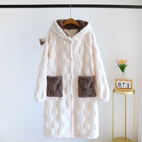 Warop Women's Flannel Robe, Long Thick Hooded Plush, Cozy Loungewear for Winter Home Use