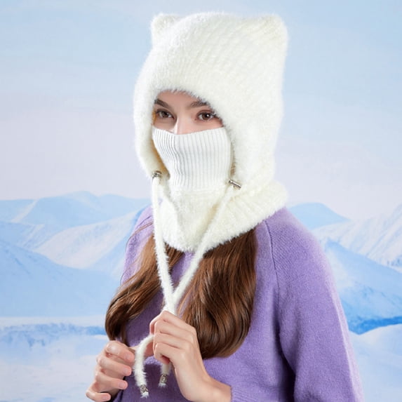 Warop Women's Fleece-Lined Knit Balaclava Hat, Thermal Cold-Proof Beanie with Integrated Face Mask and Neck Gaiter, Outdoor Winter Sports Cap for Skiing and Daily Warmth