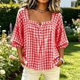 thumbnail image 1 of Warop Women's French Square Neck Plaid Shirt Summer Puff Mid Sleeve Loose Blouse Versatile for Daily Vacation Outing, 1 of 5