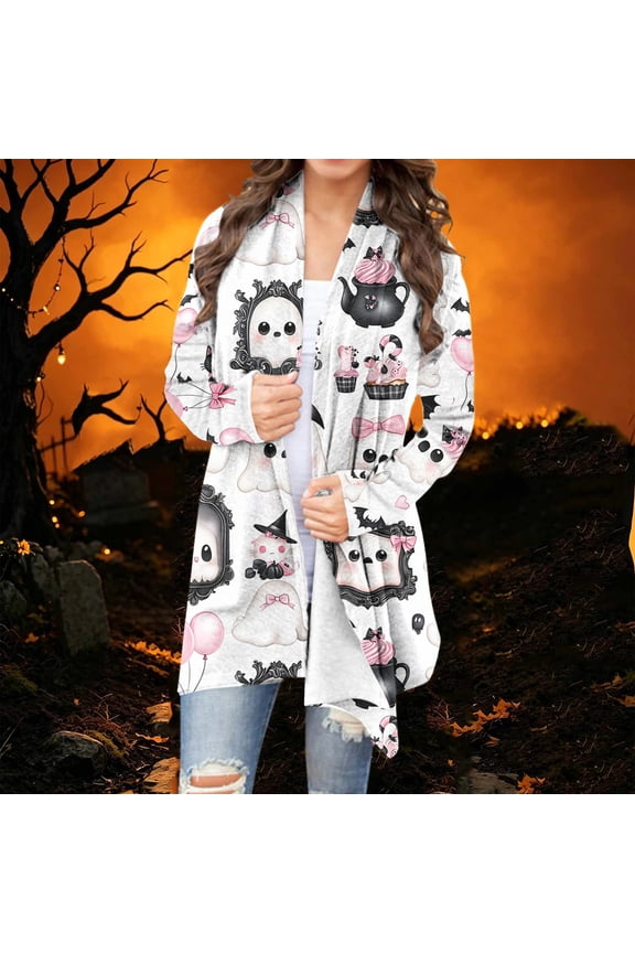 Women's Graphic Print Long Cardigan Open Front Duster Jacket Long Sleeve Festive Layering Outerwear for Winter
