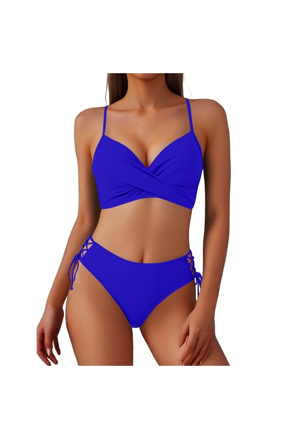 Women's High-Waisted V-Neck Push-Up Bikini Set, Drawstring Adjustable, for Beach and Swimming