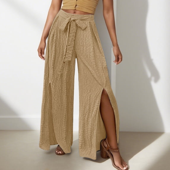 Warop Women's High-Waisted Wide-Leg Pants with Side Slits, Loose Fit Casual Trousers for Daily Wear and Outdoor Activities