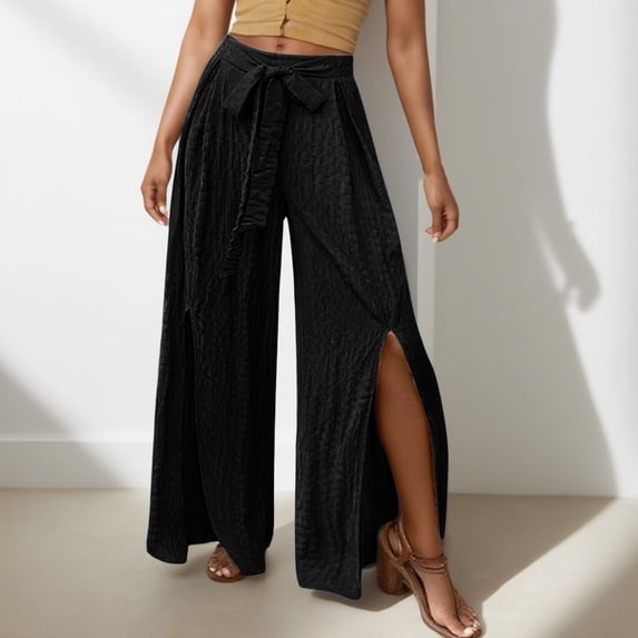 Warop Women's High-Waisted Wide-Leg Pants with Side Slits, Loose Fit Casual Trousers for Daily Wear and Outdoor Activities