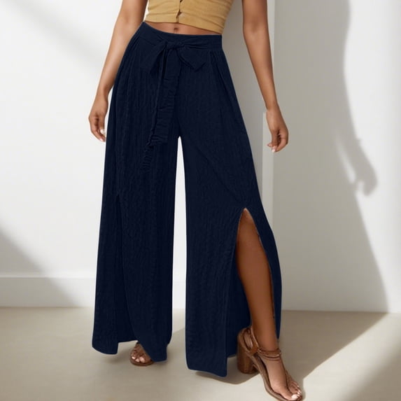 Warop Women's High-Waisted Wide-Leg Pants with Side Slits, Loose Fit Casual Trousers for Daily Wear and Outdoor Activities