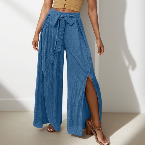 Warop Women's High-Waisted Wide-Leg Pants with Side Slits, Loose Fit Casual Trousers for Daily Wear and Outdoor Activities
