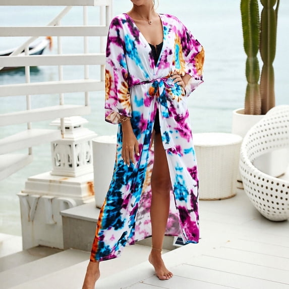 Warop Women's Kimono Beach Cover-up, Long Lightweight Robe with Colorful Design, Open Front for Swimwear and Bathrobe for Travel and Daily Use