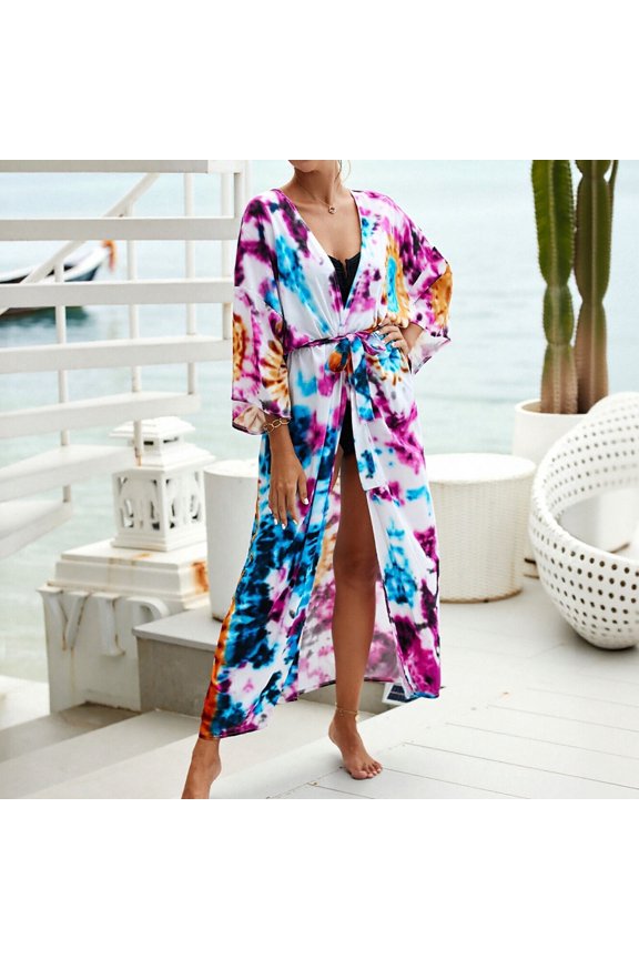 Women's Kimono Beach Cover-up, Long Lightweight Robe with Colorful Design, Open Front for Swimwear and Bathrobe for Travel and Daily Use