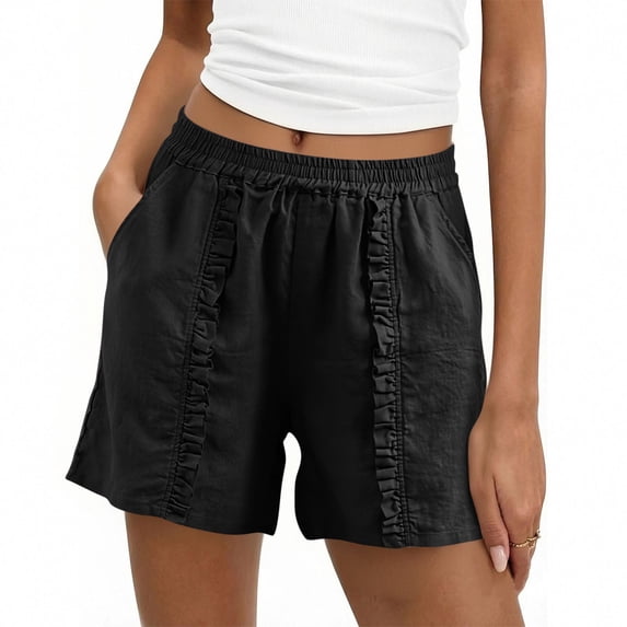 Warop Women's Linen Shorts with Lace Pockets and Elastic Waistband, Breathable Casual Shorts for Daily Wear and Summer