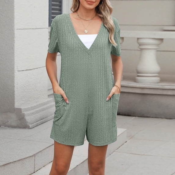 Warop Women's Loose Casual Solid Color V-Neck Pocket Short Sleeve Reversible Jumpsuit, 2-Way Wear Romper for Summer and Daily