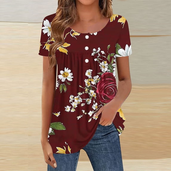 Warop Women's Loose Fit Blouse with Ruffle Detail and Irregular Print, Short Sleeve Round Neck, Adjustable Button Closure for Casual Daily Wear