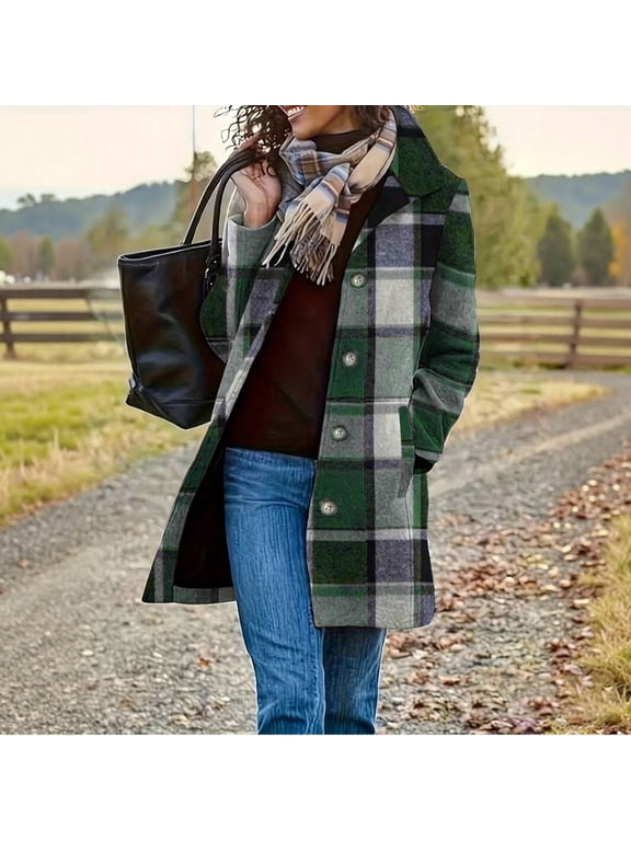 Women's Mid-Length Winter Coat Lapel Plaid Outcoat Casual Button Down Outerwear with Pockets