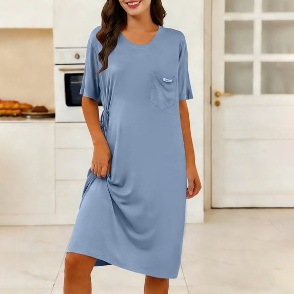 Warop Women's Modal Lounge Dress, Solid Color Round Neck with Pockets, Side Tie Waist for Home and Sleepwear