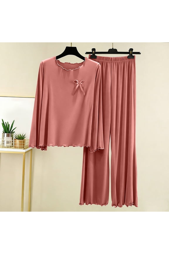 Women's Modal Loungewear Set, Solid Color Lightweight Round Neck with Bow, Long Sleeve and Pants, Breathable for Summer Home Comfort