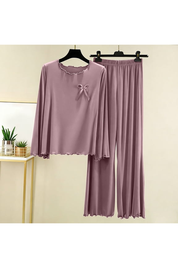 Women's Modal Loungewear Set, Solid Color Lightweight Round Neck with Bow, Long Sleeve and Pants, Breathable for Summer Home Comfort