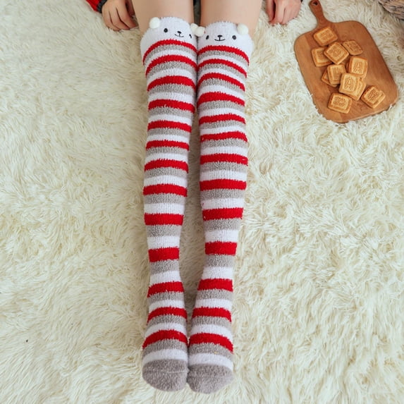 Warop Women's Over-the-Knee Socks, Fashion Christmas Holiday with Pompom, Coral Fleece Thickened Warm, for Winter Season