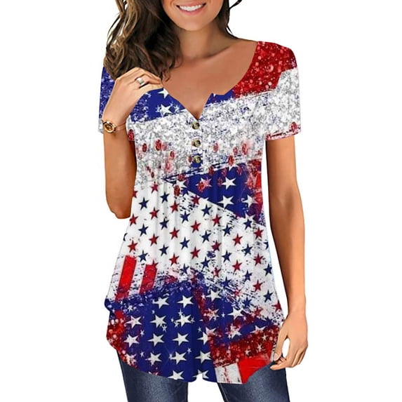 Warop Women's Patriotic V-Neck Button-Up Shirt, Slimming Short Sleeve Blouse for Independence Day and Casual Wear