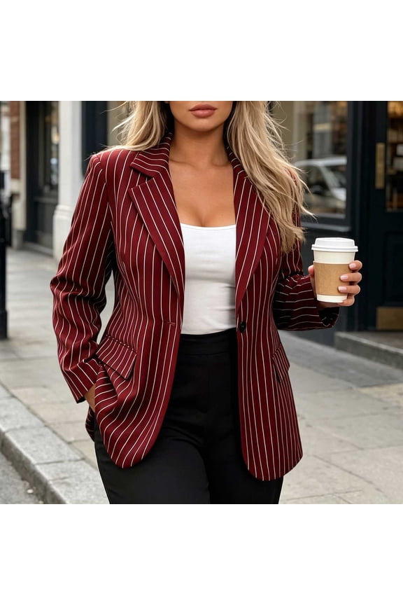 Women's Pinstripe Blazer Jacket Long Sleeve Notch Lapel Single Button Closure Office Outwear for Work Daily