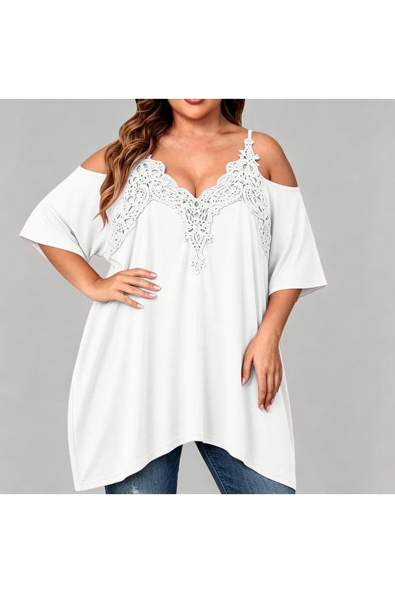 Women's Plus Size Cold Shoulder Tops Solid Lace Ruffle V Neck T-Shirt Spaghetti Strap Blouse