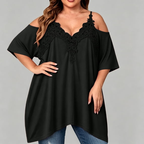 Warop Women's Plus Size Cold Shoulder Tops Solid Lace Ruffle V Neck T-Shirt Spaghetti Strap Blouse