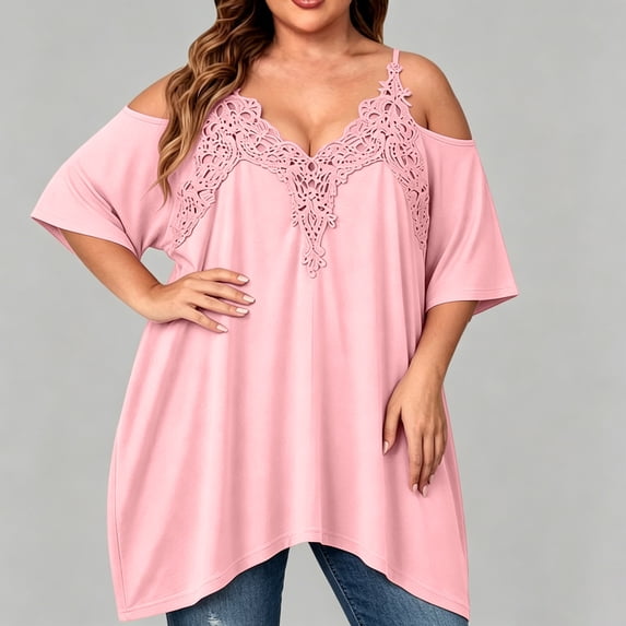 Warop Women's Plus Size Cold Shoulder Tops Solid Lace Ruffle V Neck T-Shirt Spaghetti Strap Blouse