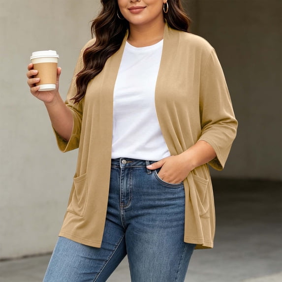 Warop Women's Plus Size Solid 3/4 Sleeve Open Front Cardigan with Pockets Casual Lightweight Duster for Daily Wear