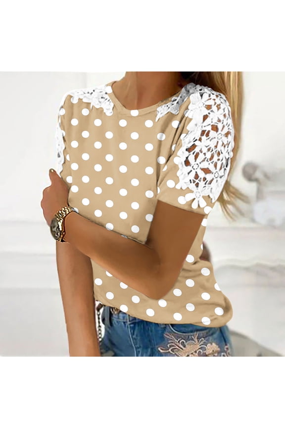 Women's Polka Round Neck Short Sleeve T-Shirt, Fashion Casual with Lace Trim, Breathable Cotton Top for Daily Wear and Outdoor Activities