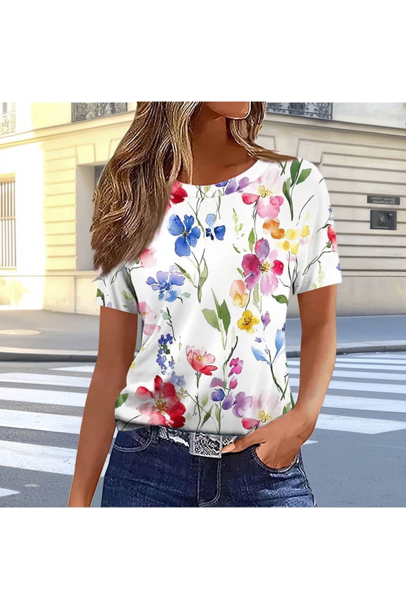 Women's Printed T-Shirt, Round Neck Short Sleeve with All-Over Graphic, Casual Fashion Stylish Top for Daily Wear and Outgoing