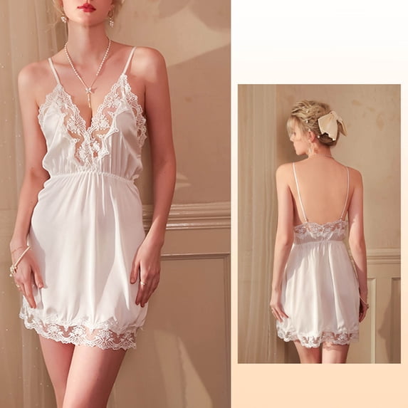 Warop Women's Satin Nightgown, Fashionable Sexy with Lace Trim, Sleeveless Spaghetti Strap V-Neck, for Sleep and Lounge Wear