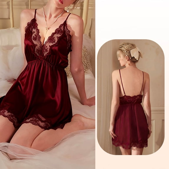 Warop Women's Satin Nightgown, Fashionable Sexy with Lace Trim, Sleeveless Spaghetti Strap V-Neck, for Sleep and Lounge Wear