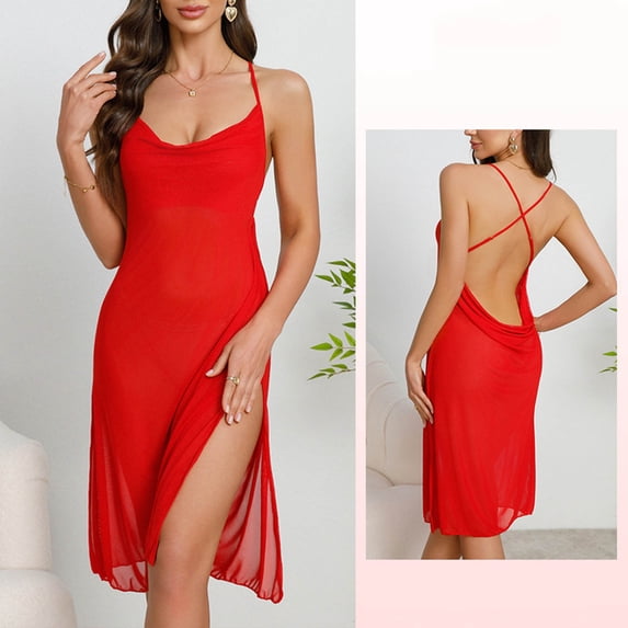 Warop Women's Sexy Backless Mesh Slip Dress, Sheer Sleeveless Loungewear for Home and Sleep
