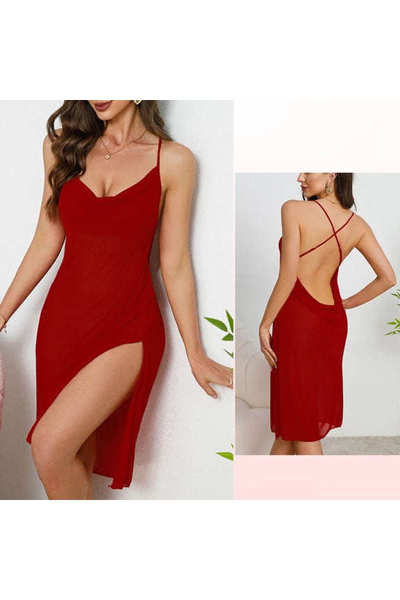 Women's Sexy Backless Mesh Slip Dress, Sheer Sleeveless Loungewear for Home and Sleep