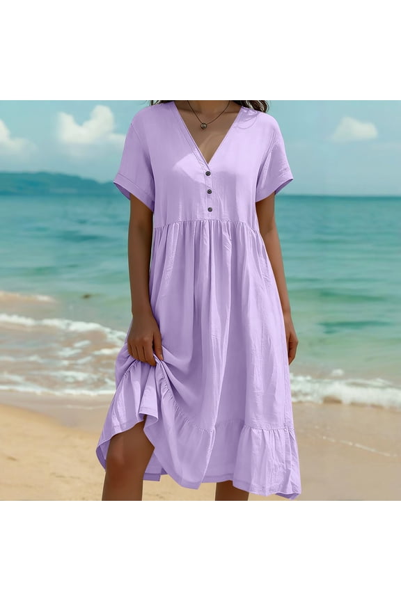 Women's Short Sleeve Drop Waist Maxi Dress Button V Neck Pleated Loose Flowy Long Dress for Graduation Dress