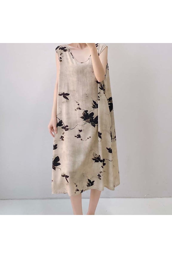 Women's Sleep Dress, Casual Fashion Solid Color Loose Fit Round Neck Long Sleeveless, Comfortable Nightwear for Home and Lounge