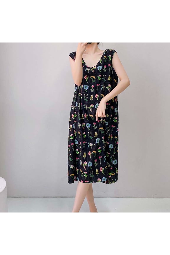 Women's Sleep Dress, Casual Solid Color Loose Fit Round Neck Long Sleeveless, for Sleep and Home Lounge