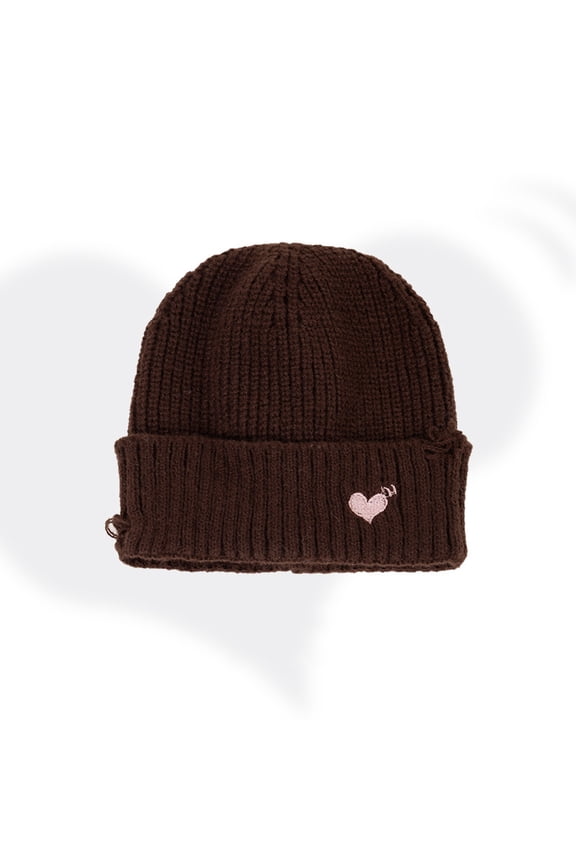 Women's Slouchy Knit Hat, Winter Fashion Distressed with Heart , Oversized Solid Color, Warm and Cozy for Daily Wear and Cold Weather
