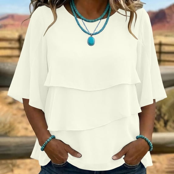 Warop Women's Solid Bohemian Tiered Chiffon Blouse Mid Sleeve Flowy Shirt Loose Casual Top for Vacation Daily Outing